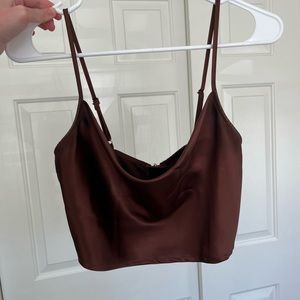Brown satin scoop neck crop top